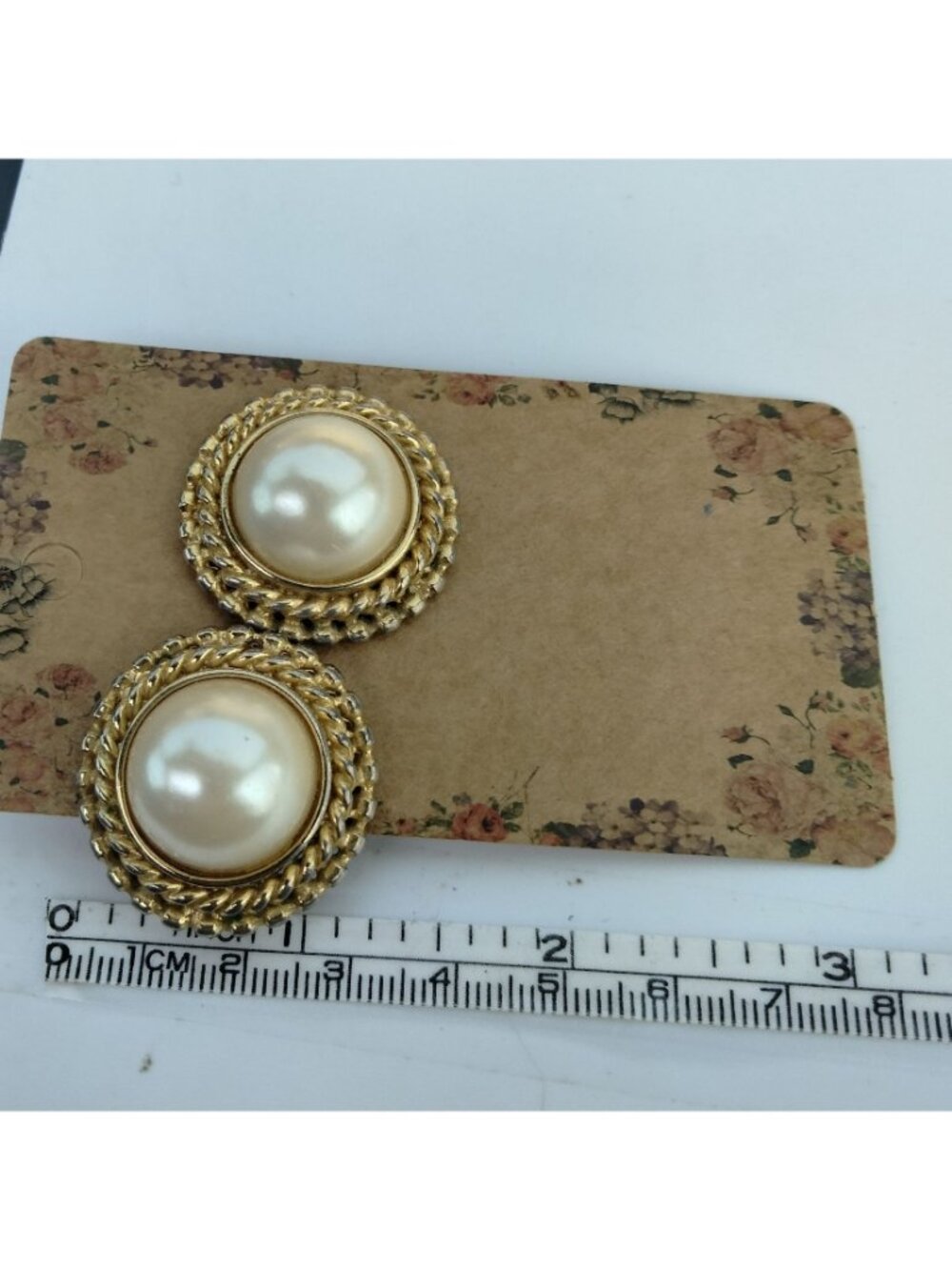 Gold Tone Faux Pearl Earrings Vintage Cabochon Pierced Post - Picture 3 of 4